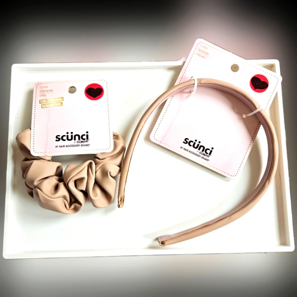 NWT SCÜNCI MATCHING MAUVE PINK FAUX LEATHER HEADBAND & SCRUNCHIE SET!